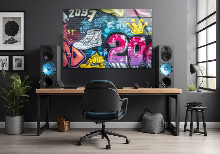 Colorful Graffiti Wall Glass Wall Art Glass Printing Wall Art, Print photos on glass
