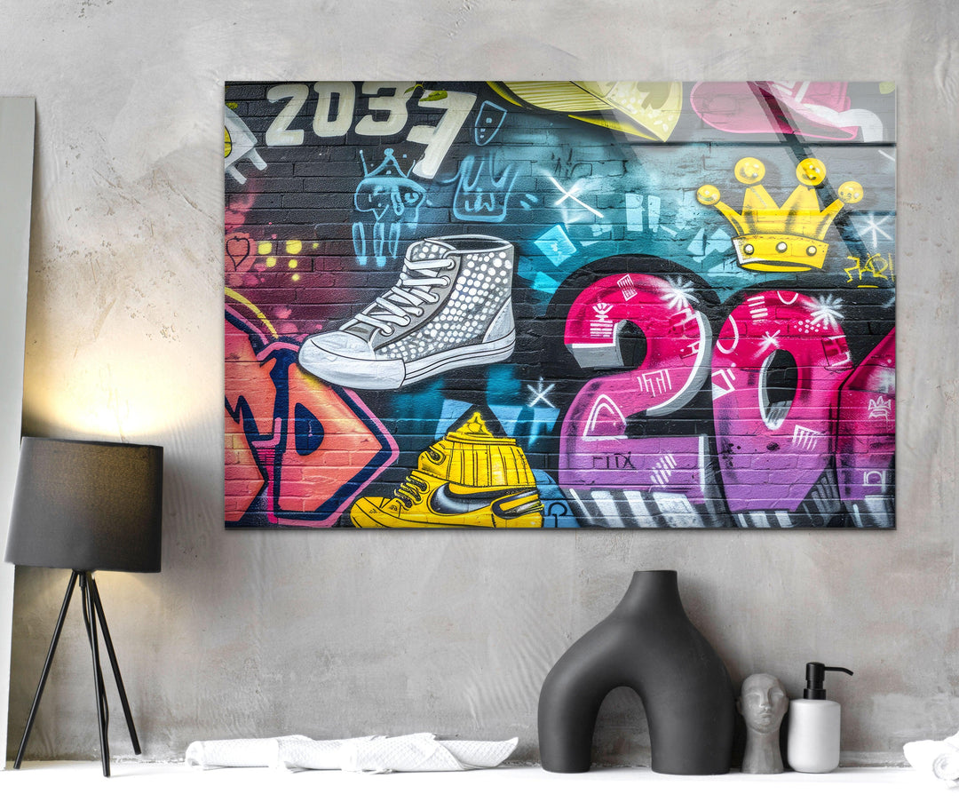 Colorful Graffiti Wall Glass Wall Art glass image printing, glass prints from photos
