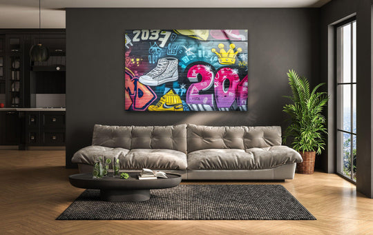 Layered graffiti art on glass wall art decor creates a vibrant, multi-dimensional urban scene with depth and striking visuals.