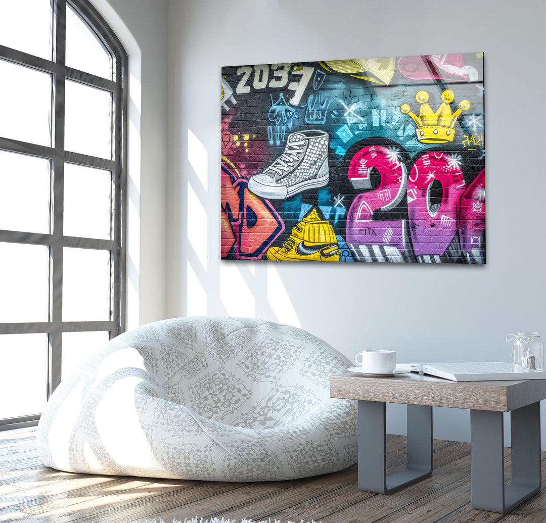 Colorful Graffiti Wall Glass Wall Art custom glass pictures, glass art prints
