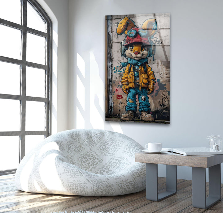 Rabbit Graffiti Glass Wall Art custom glass photo prints, large glass prints
