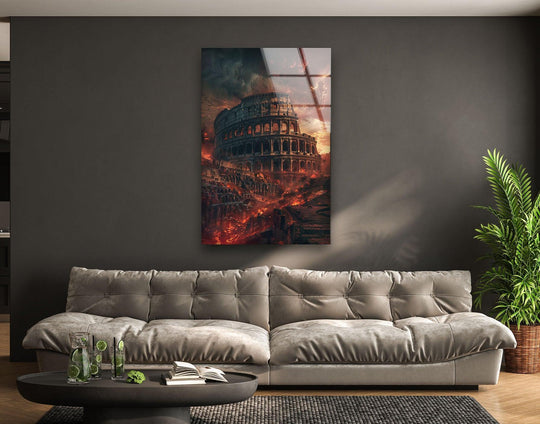 Apostolic doom emanates from this Burning Colosseum View glass wall art, a compelling example of unique modern wall decor.