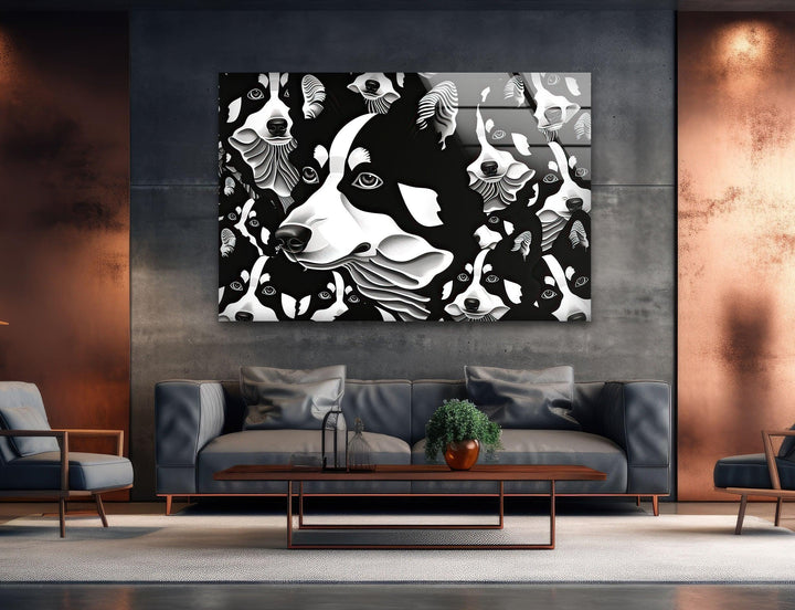 Escher Stylized husky faces rendered in monochrome tones on glass wall art with bold graphic elements.
