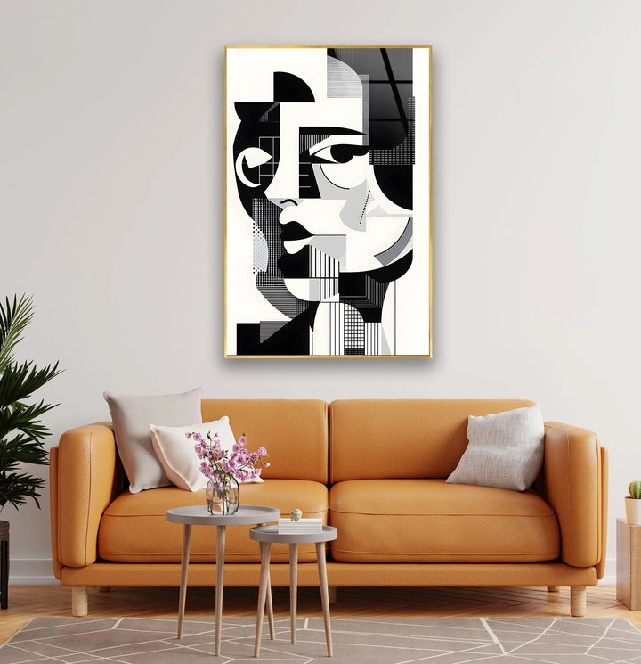 Grayscale geometric illustration on glass combining minimalist shapes and stylized facial features.
