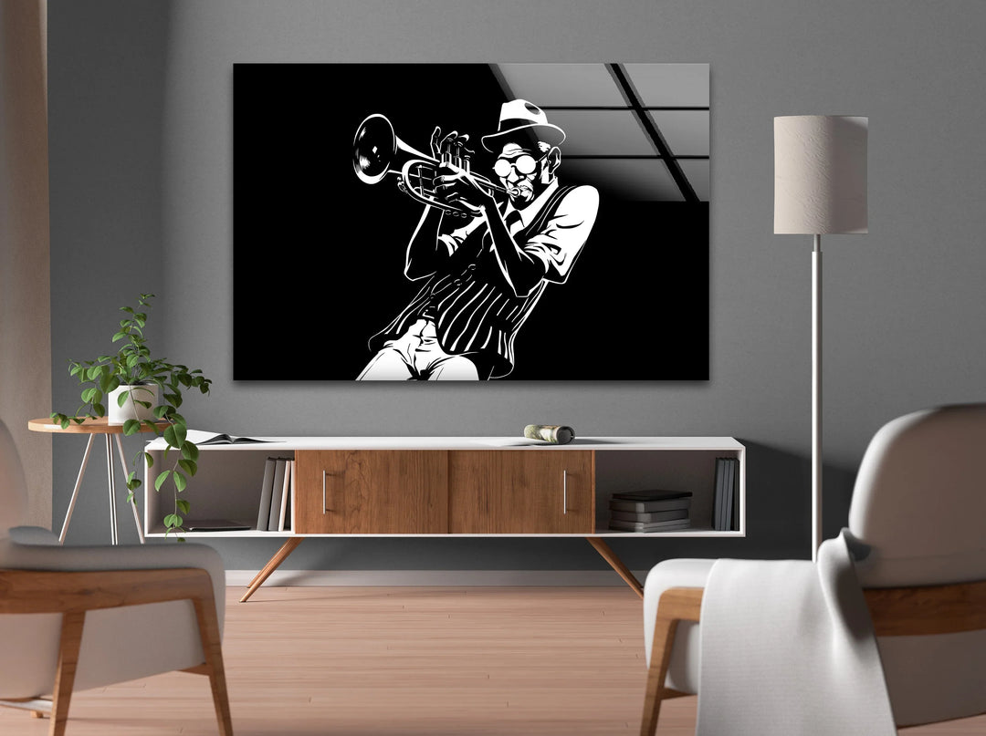 Dynamic trumpet player illustrated in black and white on modern glass wall art.