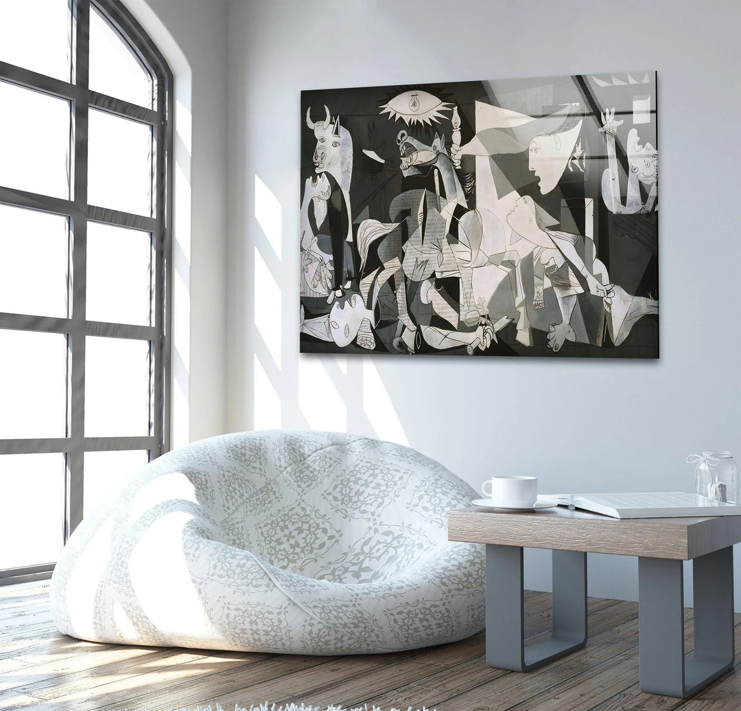 Artistic glass panel illustrating a modern take on Guernica with expressive characters and layered grayscale textures.