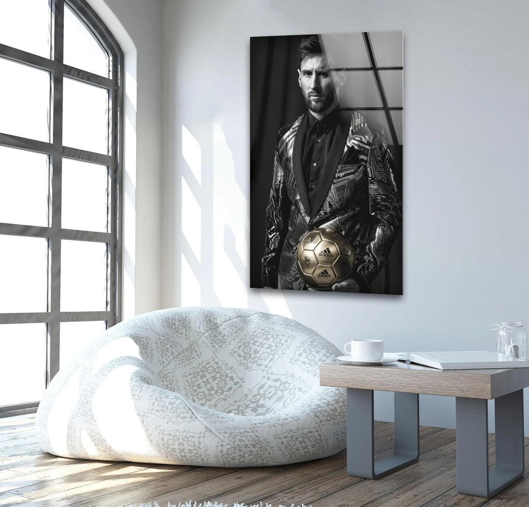 High-contrast glass wall art with a male athlete holding a gold ball against dark drapery.