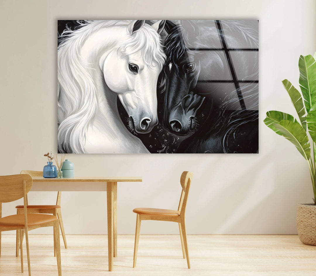Artistic monochrome horse duo printed on glass with soft highlights and dramatic lighting.