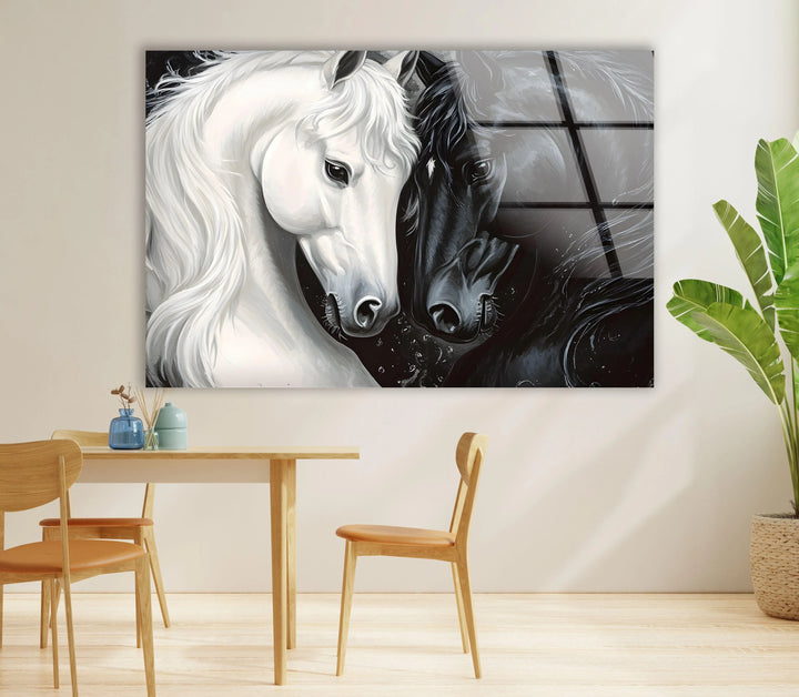 Artistic monochrome horse duo printed on glass with soft highlights and dramatic lighting.
