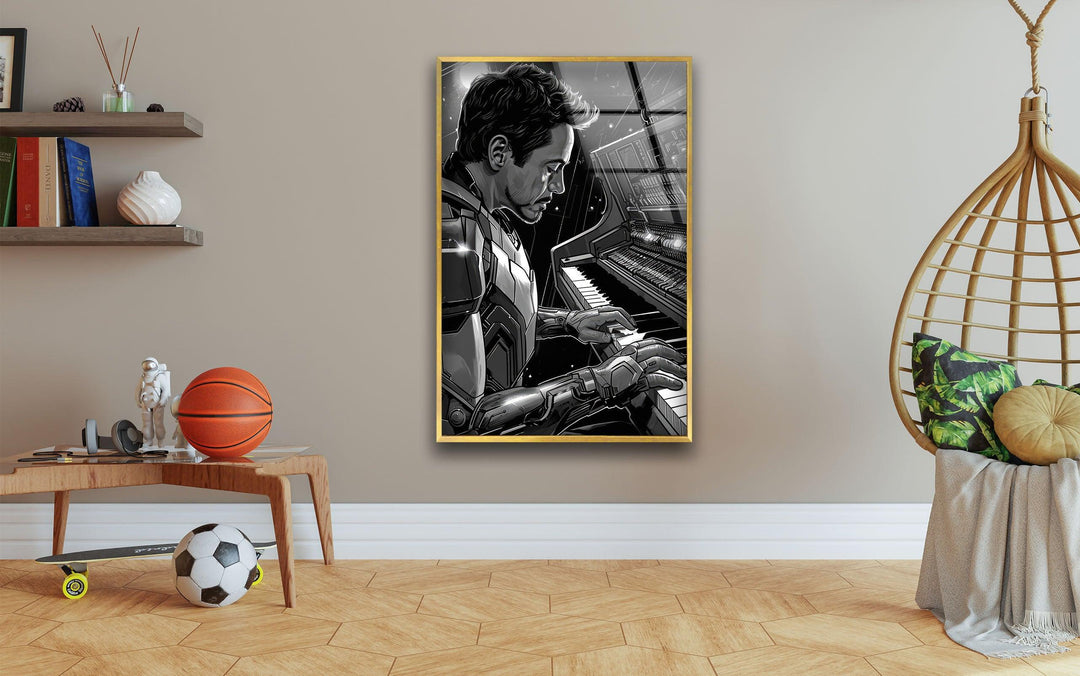 Featuring the darkest area behind the pianist, this tempered glass wall art captures a striking image of Iron Man playing the piano with superhero artwork.