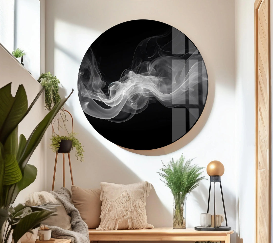 Modern black and white decor piece showing ethereal smoke trails against a dark background.