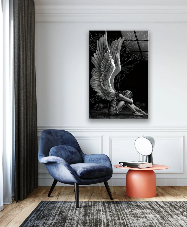 Detailed grayscale angel with large feathers on tempered glass wall art in a moody abstract style.