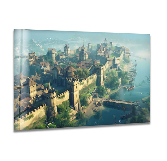 A great medieval city glass wall art captures a tranquil scene of stillness with a serene harbor and majestic castle.
