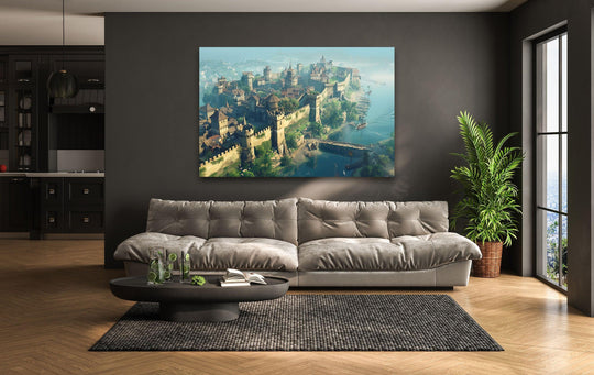 Great medieval city print wall art displayed in a modern living room with a large grey sofa.