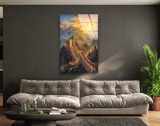 Dramatic color contrast illuminates the Great Wall of China in this glass wall art, where golden sunlight clashes with the deep shadows of the mountainous terrain, creating stunning wall prints.