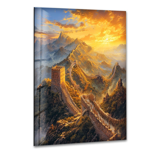 Warm color temperatures radiate from the Great Wall of China glass decorative wall art, casting golden light over the mountains in this scenic landscape.