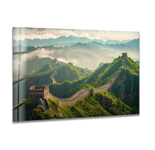 Horizontal rectangle captures the Wall of China on glass, showcasing a breathtaking scene with hanging wall art.