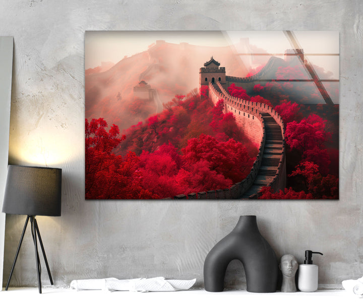 Great Wall of China Red Glass Wall Art glass pictures for Wall, glass prints wall art
