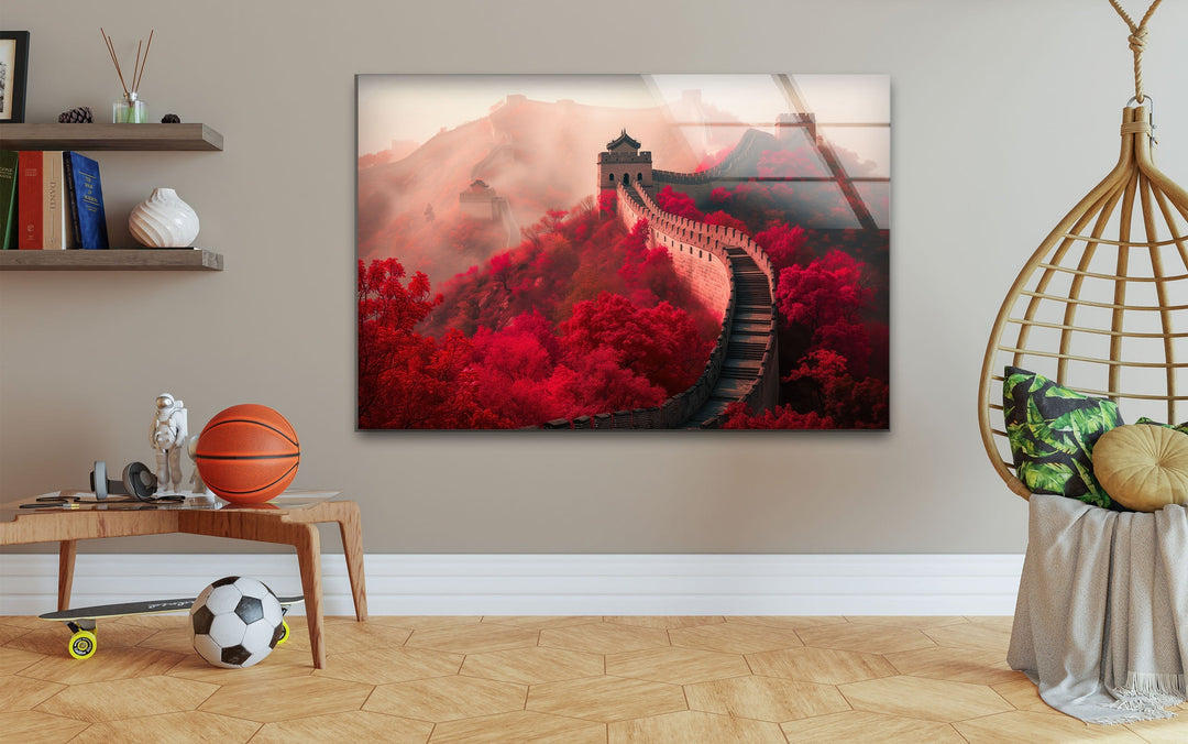 Great Wall of China Red Glass Wall Art custom glass pictures, glass art prints
