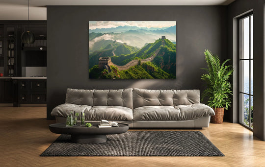 Displayed majestically, the 'Wall of China' tempered glass wall art showcases the iconic landmark in a captivating composition.