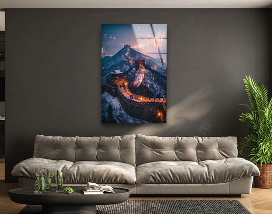 Stillness captures the Wall of China at twilight in this glass print wall art, a serene cityscape scene that brings a sense of quietude to any space.