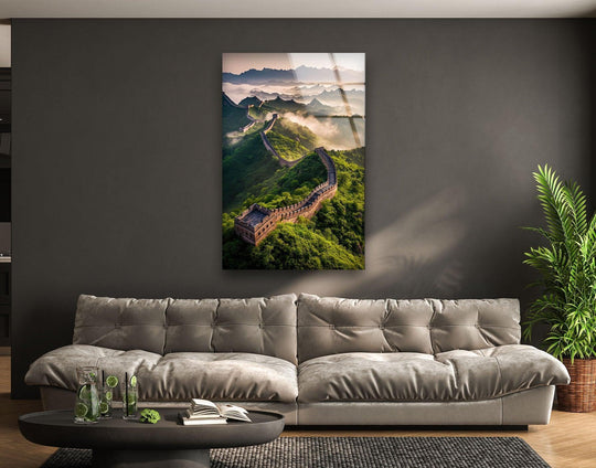 Revealing the sleek edge and borders of this Great Wall of China green glass wall art, an example of unique modern wall decor showcasing a high-quality print.