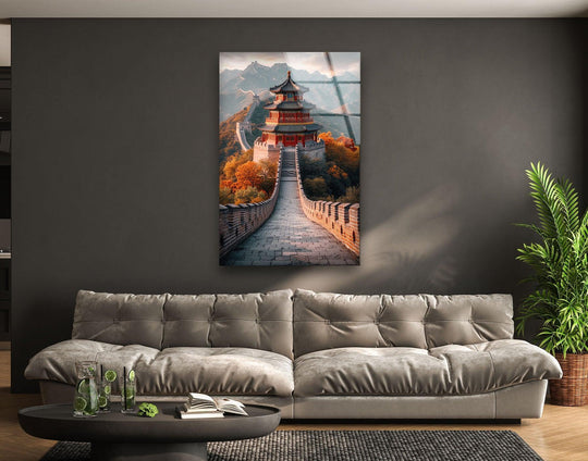 The focal point of the Great China Wall glass wall art enhances your home decor with a scenic depiction of the iconic landmark, creating a striking visual.