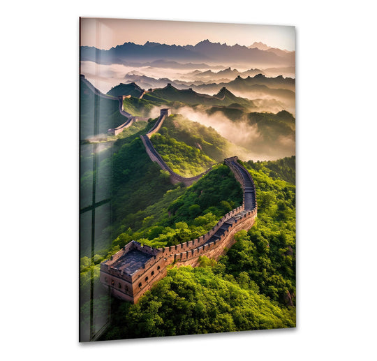 Stillness embraces the winding Great Wall of China in this green glass wall art print, an iconic scene captured in tranquil, timeless beauty.