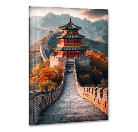 Sunlit stone steps showcase a captivating transition between colors leading to the Great China Wall's iconic glass wall art prints, nestled amidst autumn foliage and distant mountains.