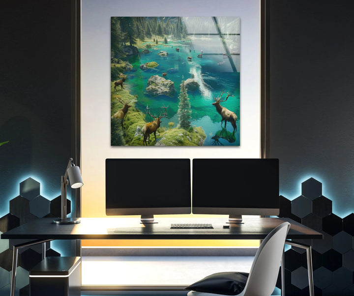 Underwater illusion art with deer, trees, and a lake, beautifully printed on tempered glass.
