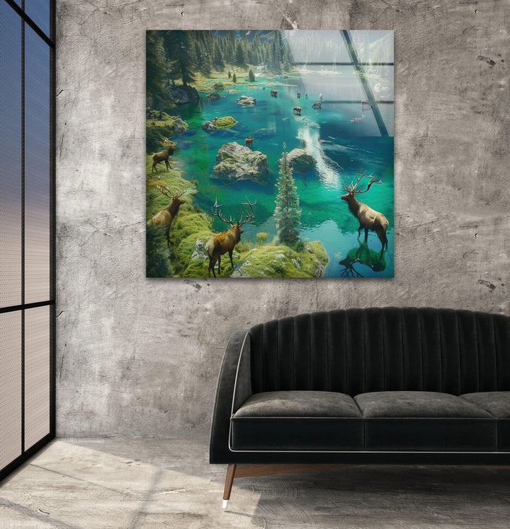 Nature and wildlife-inspired glass print, showcasing deer grazing by an ethereal lake.
