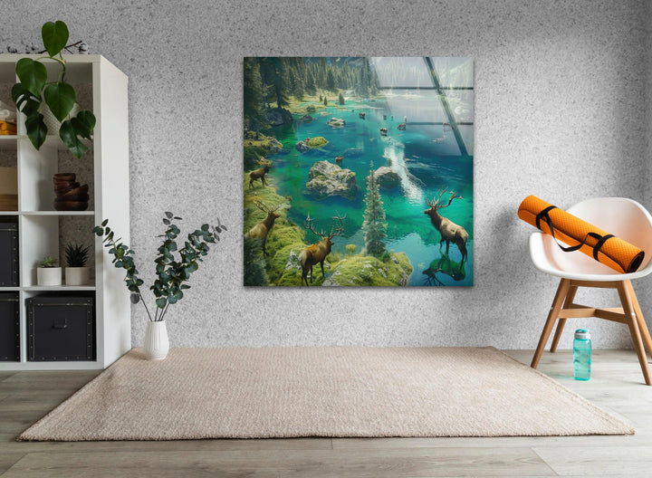 A mystical forest oasis glass wall art with stunning reflections and vibrant greenery.
