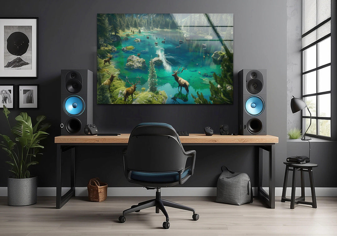 Majestic deer in a surreal landscape, brought to life on premium glass wall art.
