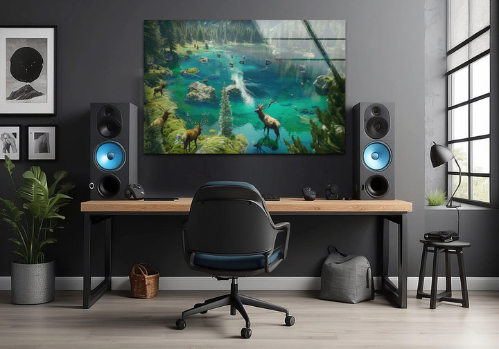 Majestic deer in a surreal landscape, brought to life on premium glass wall art.
