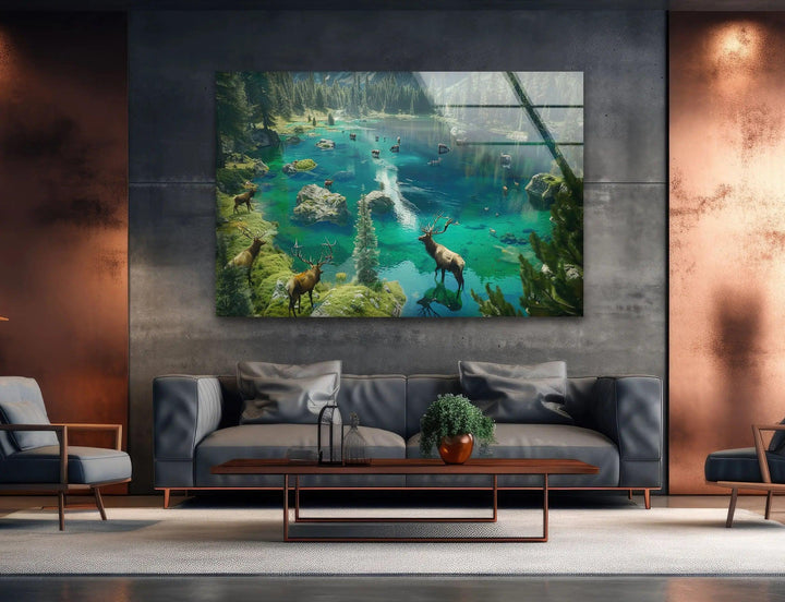 Enchanting forest and lake scenery glass art, a perfect addition to nature-inspired decor.

