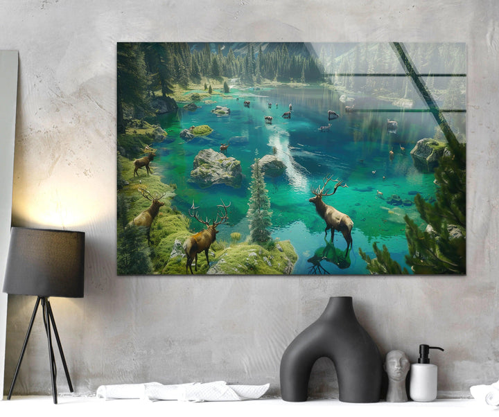 A mesmerizing deer and lake-themed glass print capturing the harmony of land and water.
