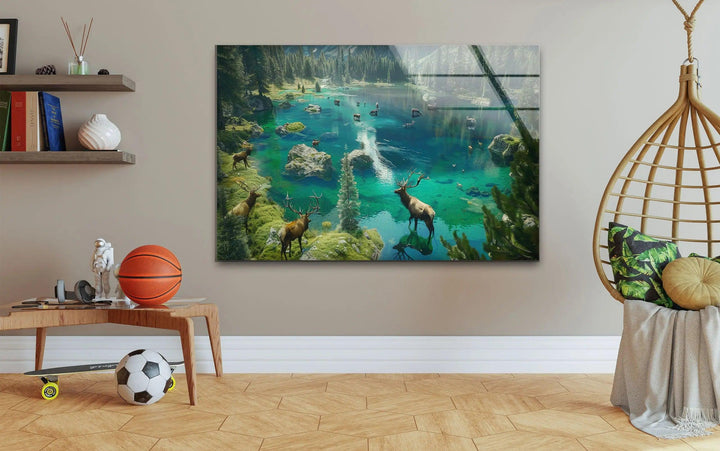 Tranquil forest lake glass artwork with deer roaming in an enchanting, dreamlike setting.
