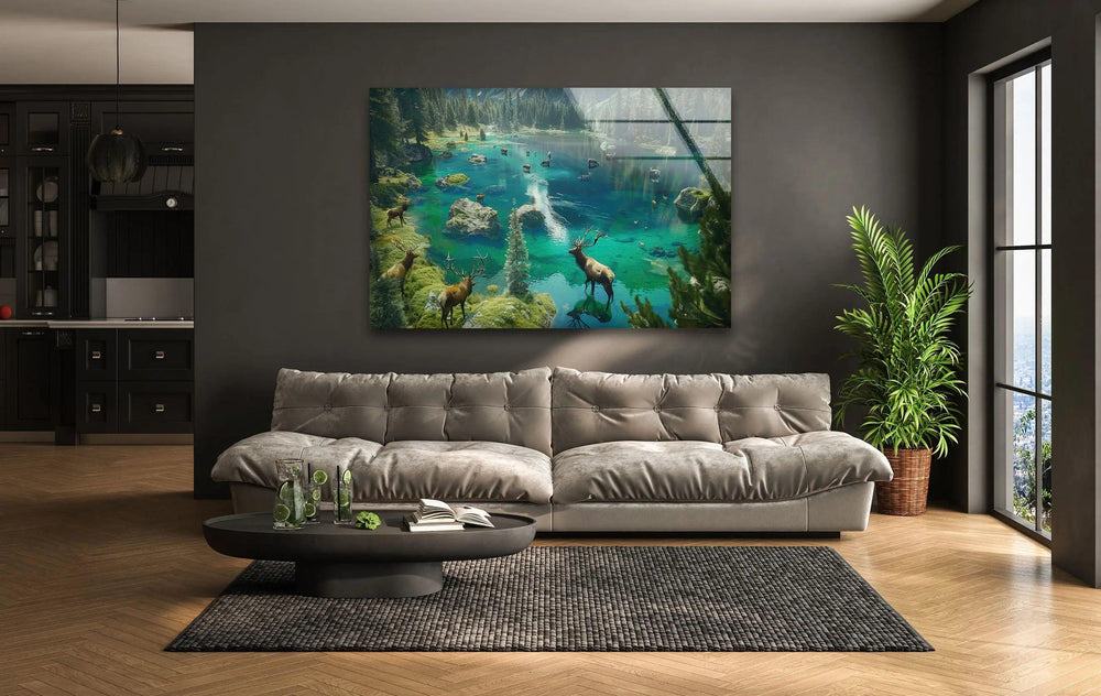 Stunning nature-inspired glass wall art showcasing a serene forest lake with crystal-clear waters.
