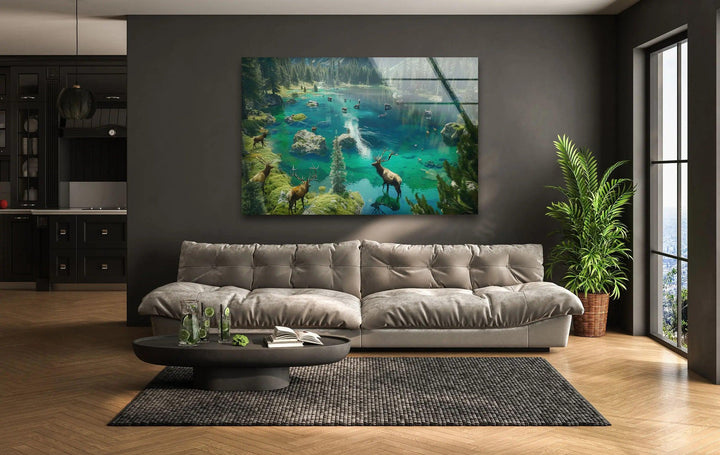 Stunning nature-inspired glass wall art showcasing a serene forest lake with crystal-clear waters.
