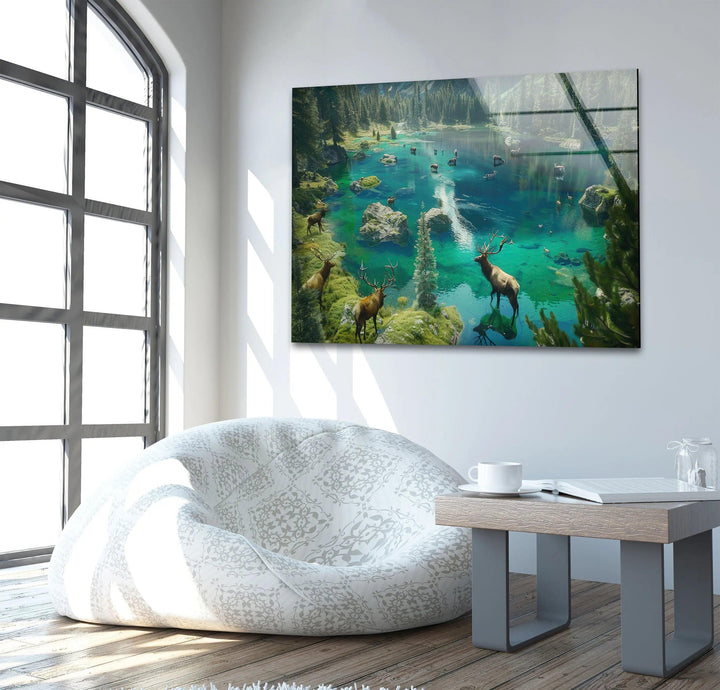 A breathtaking wildlife landscape glass wall art featuring a mystical forest lake with majestic deer.
