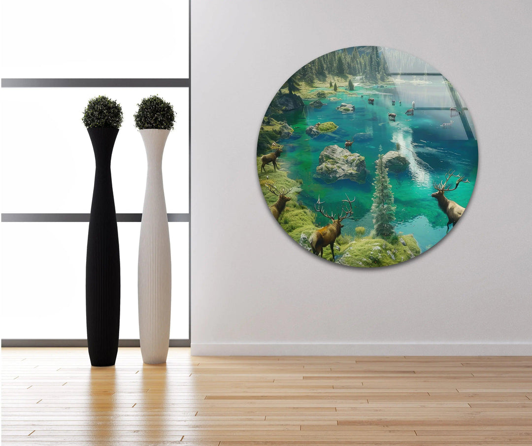 Stunning nature-inspired glass wall art showcasing a serene forest lake with crystal-clear waters.
