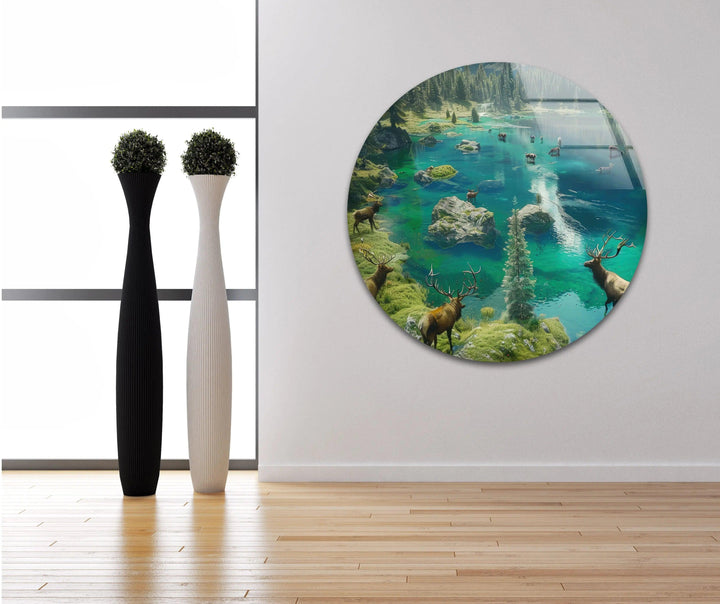 Stunning nature-inspired glass wall art showcasing a serene forest lake with crystal-clear waters.
