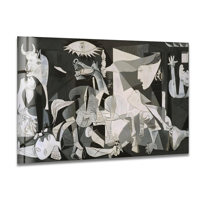 Black and white glass wall art featuring a detailed reinterpretation of Picasso’s Guernica with abstract figures and dramatic contrasts.