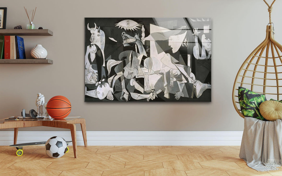 Abstract monochrome glass wall art reflecting Guernica’s iconic figures arranged in a dynamic dramatic layout.