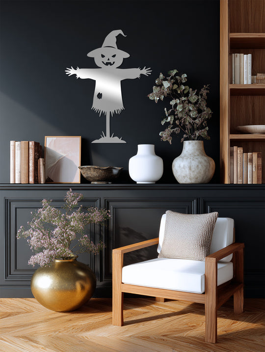 Negative space emphasizes the scarecrow in this spooky Halloween metal artwork, creating a striking contrast against the dark wall with its captivating metal artwork design.