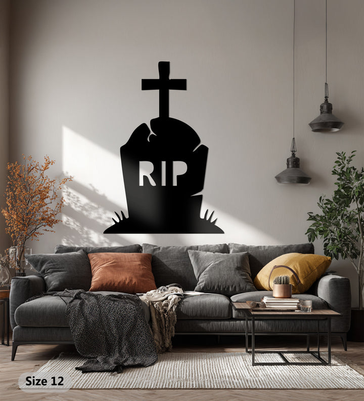 Gothic wall art RIP metal piece for spooky interiors