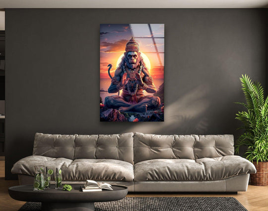 Showcasing the realistic detail, the orange Hanuman God glass wall art prints brilliantly display the intricate details of the deity against a blazing sunset backdrop.