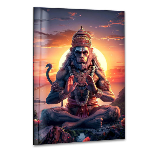 Glowing with divine strength, the intense orange light of the sun defines this Hanuman God orange glass art, making it a captivating piece of glass art.