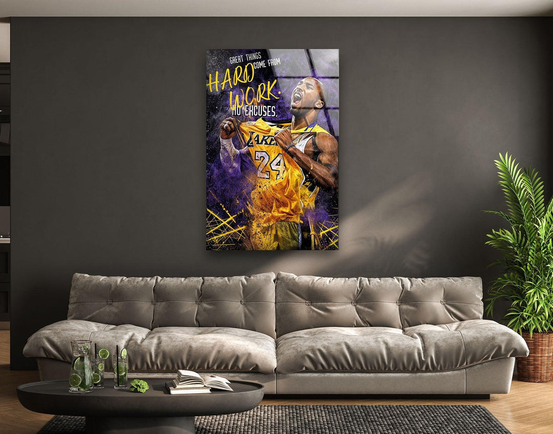 Motivational basketball glass art featuring a player lifting his jersey with bold “Hard Work” text.