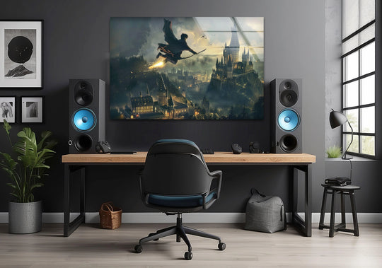 Dominant grays and blues highlight the wizard flying over magical castle fantasy decorative wall art, creating a modern and cinematic atmosphere.